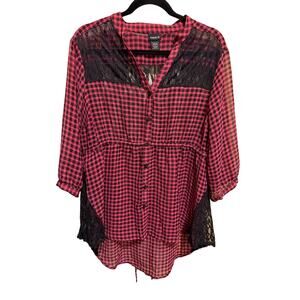 Torrid Women's Pink Black Gingham Tie Back Lace Trim Sheer Boho Top Size 0 Large